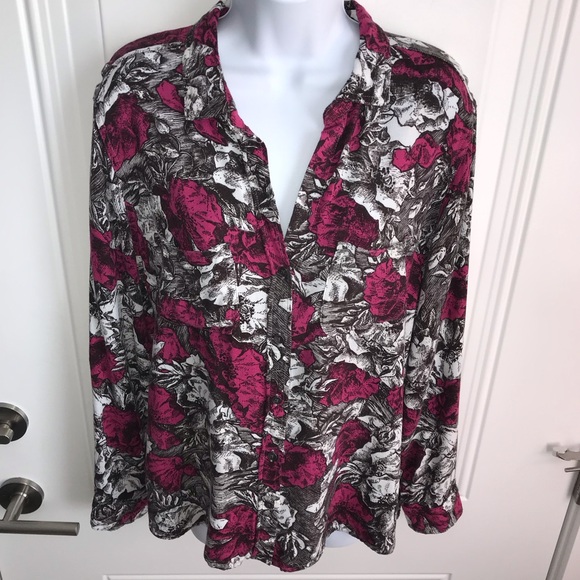 🔴 4/$15 Rock & Republic pink black white floral ls button up shirt sz M in EUC - Picture 9 of 15